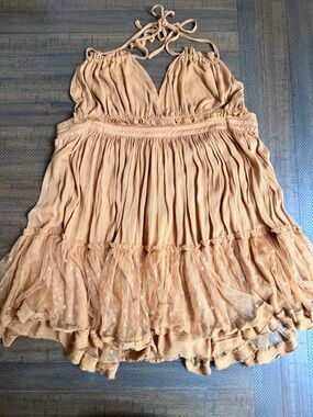 NWT Gold Khaki Boho Tiered Mini Dress Cottagecore Fairy Gauze Ruffle Dress Gypsy